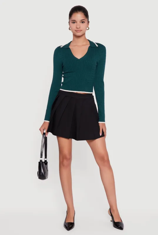 Contrast Trim Cable Knit Cropped Johnny Collar Sweater sold by Rainbow
