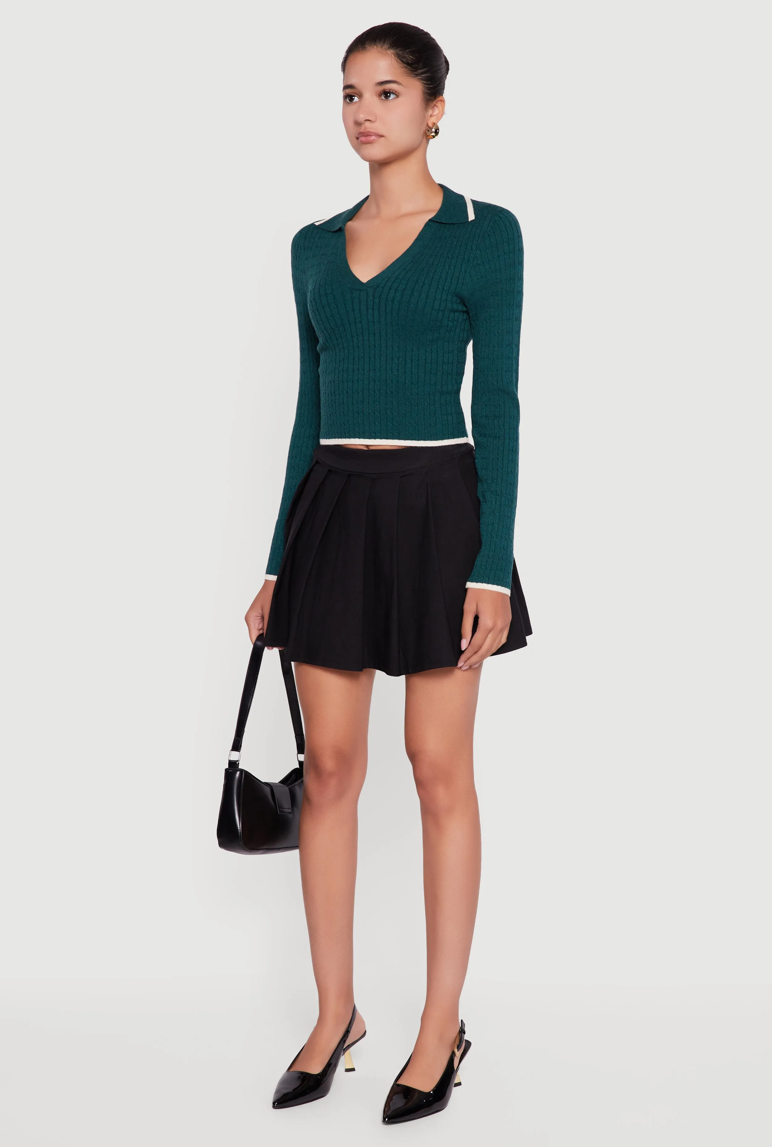 Contrast Trim Cable Knit Cropped Johnny Collar Sweater sold by Rainbow product image thumbnail 5