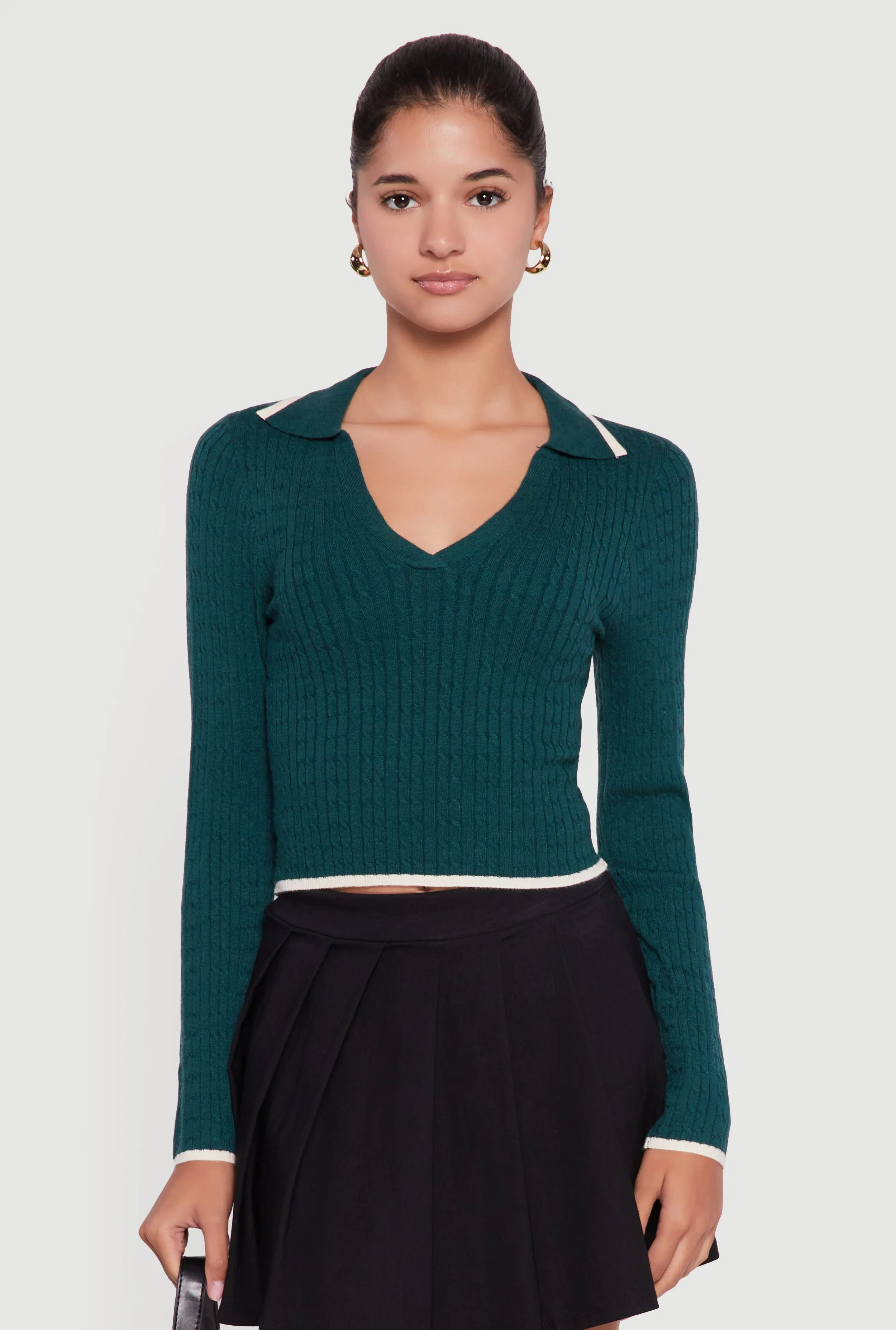Contrast Trim Cable Knit Cropped Johnny Collar Sweater sold by Rainbow product image thumbnail 2