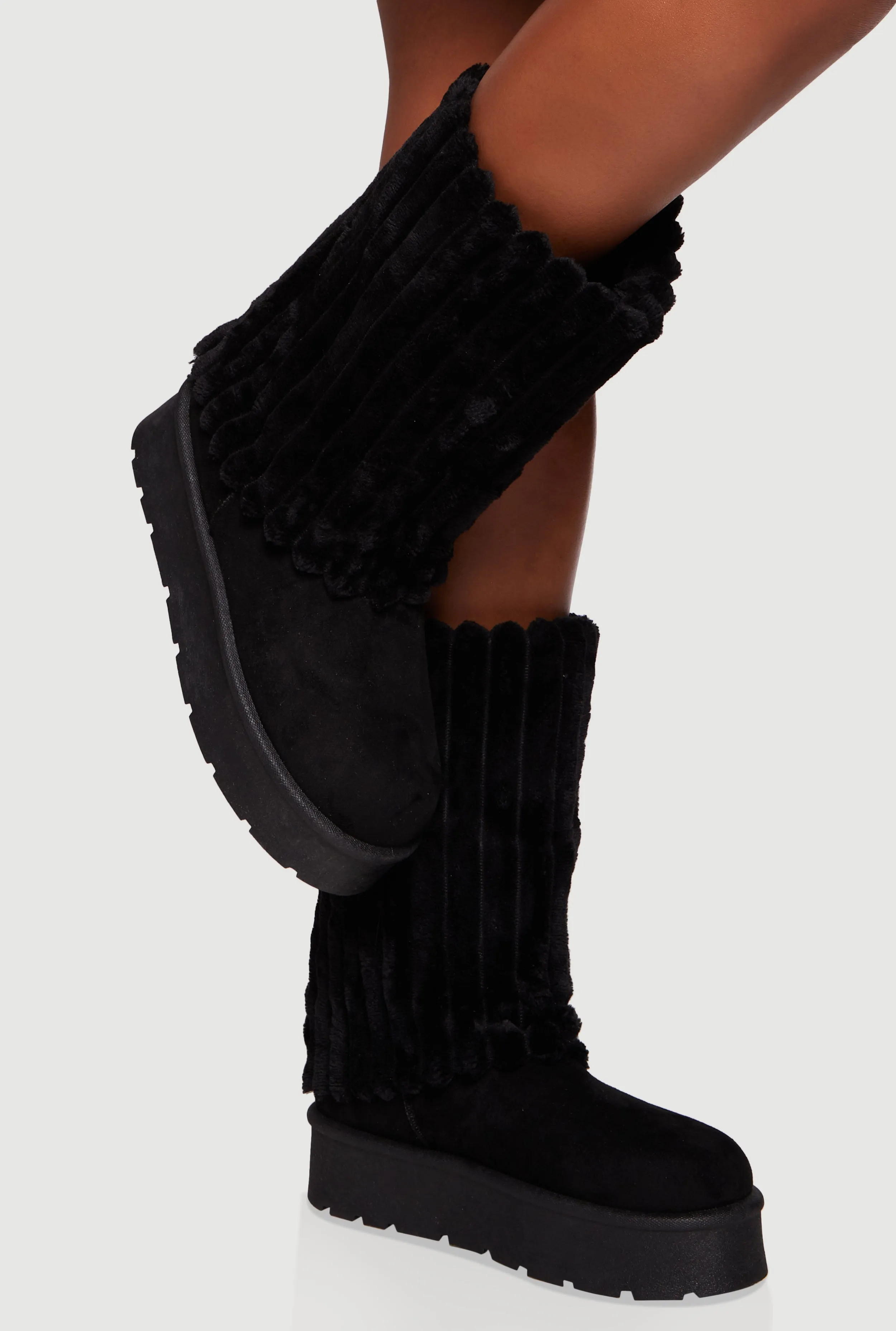 Ribbed Faux Fur Cuff Round Toe Platform Boots sold by Rainbow