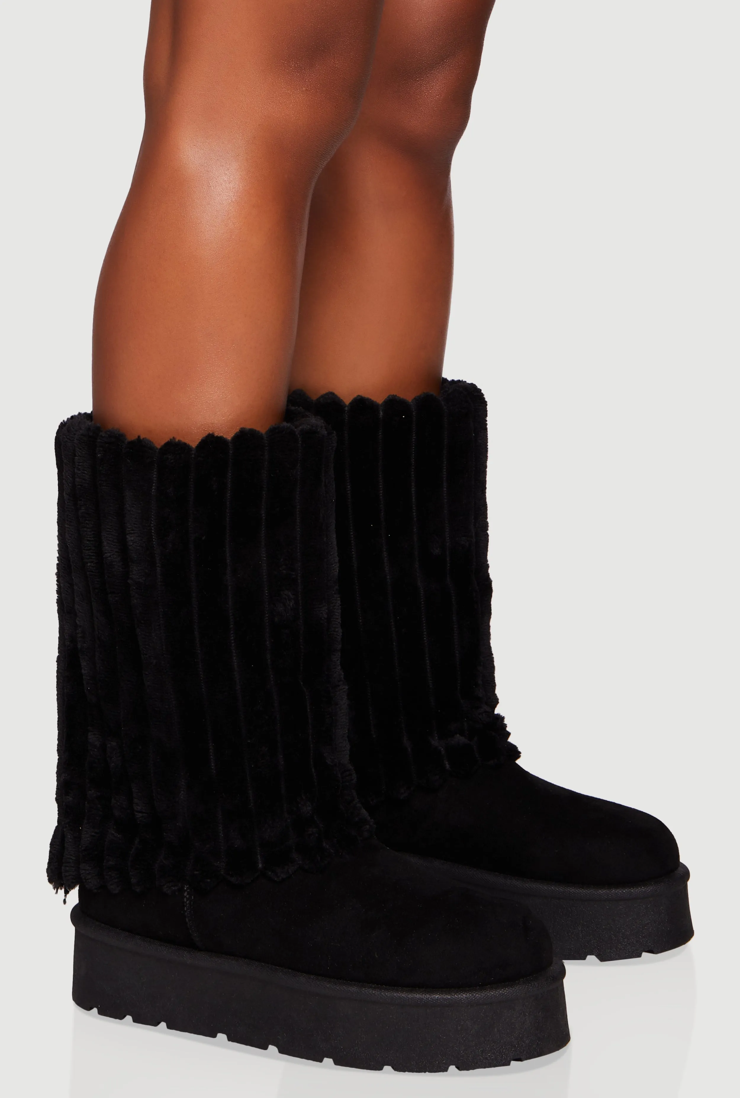 Ribbed Faux Fur Cuff Round Toe Platform Boots sold by Rainbow product image thumbnail 2