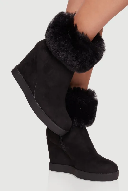 Faux Fur Cuff Almond Toe Wedge Booties sold by Rainbow