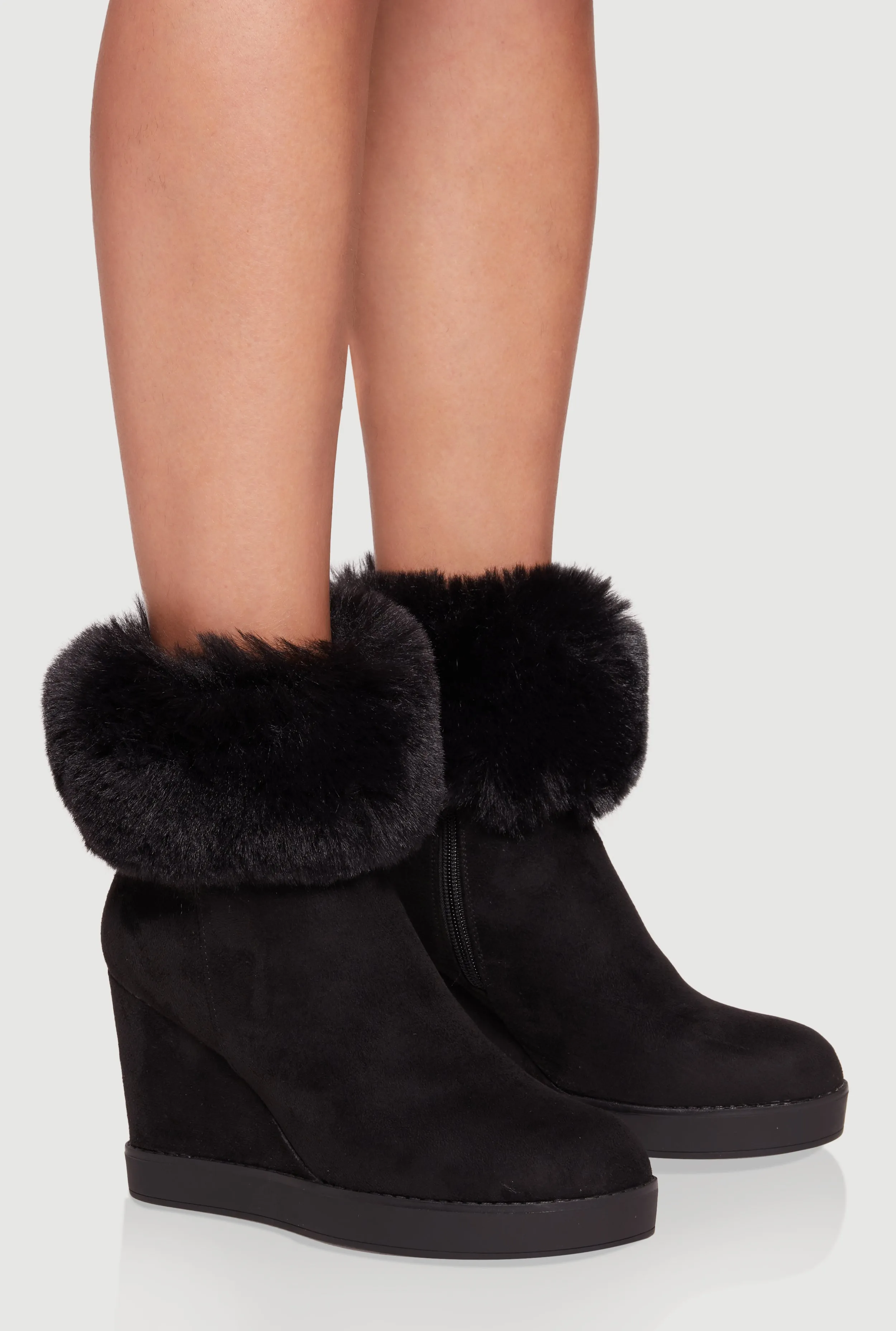 Faux Fur Cuff Almond Toe Wedge Booties sold by Rainbow product image thumbnail 2