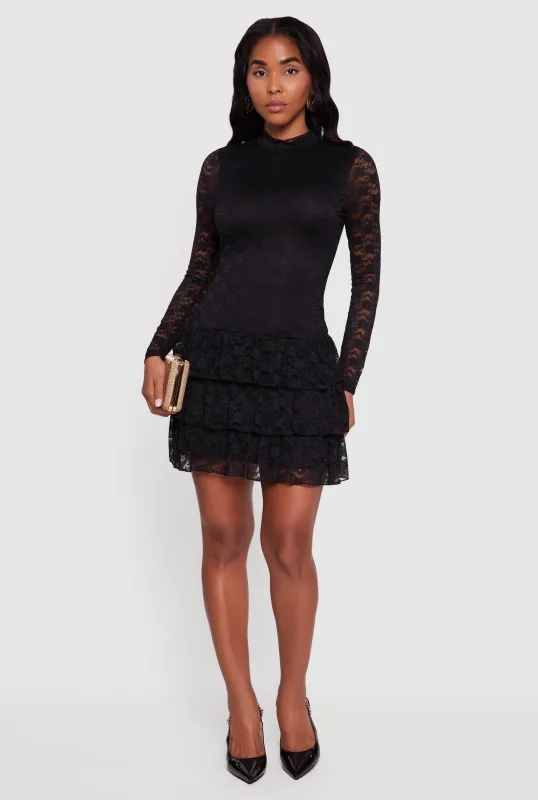 Long Sleeve Mock Neck Tiered Ruffle Lace Mini Dress sold by Rainbow