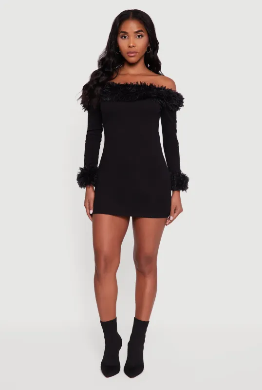 Faux Fur Trim Off The Shoulder Mini Dress sold by Rainbow