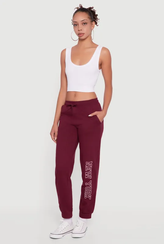New York Embroidered Graphic Drawstring Waist Joggers sold by Rainbow