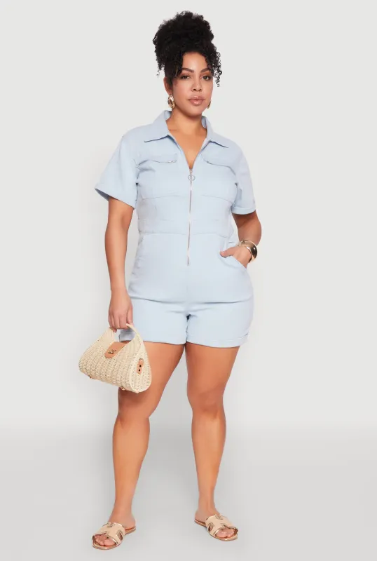 Plus Size Denim Zip Front Romper sold by Rainbow