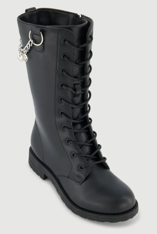 Girls Metallic Chain Detail Side Zip Faux Leather Combat Boots sold by Rainbow