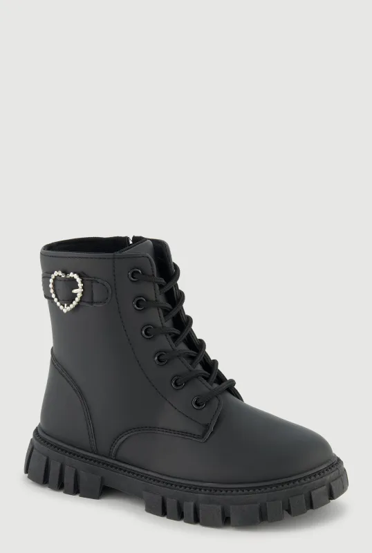 Girls Rhinestone Heart Buckle Detail Combat Boots sold by Rainbow