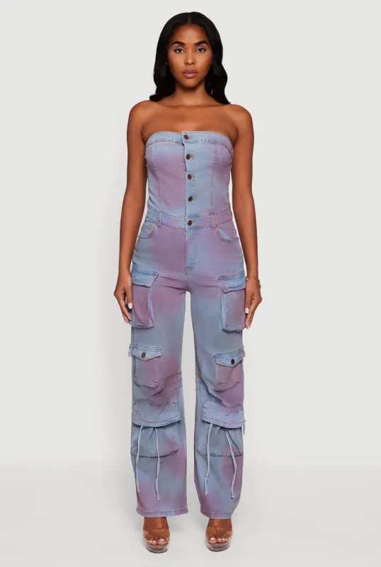 Mineral Wash Denim Cargo Pocket Jumpsuit sold by Rainbow