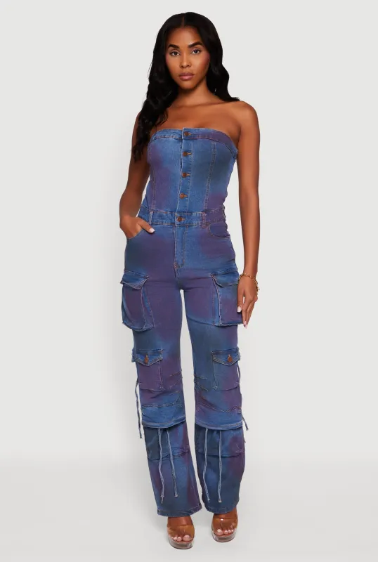 Mineral Wash Denim Cargo Pocket Jumpsuit sold by Rainbow