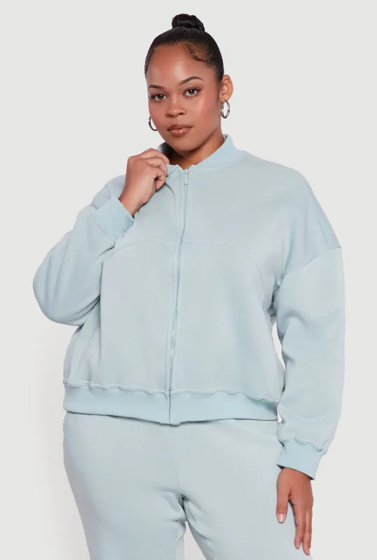 Plus Size Solid Fleece Zip Front Long Sleeve Sweatshirt sold by Rainbow