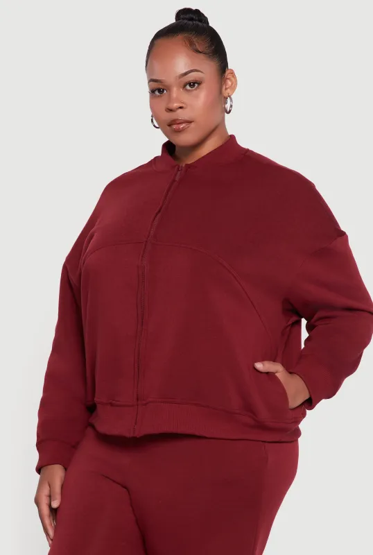 Plus Size Solid Fleece Zip Front Long Sleeve Sweatshirt sold by Rainbow
