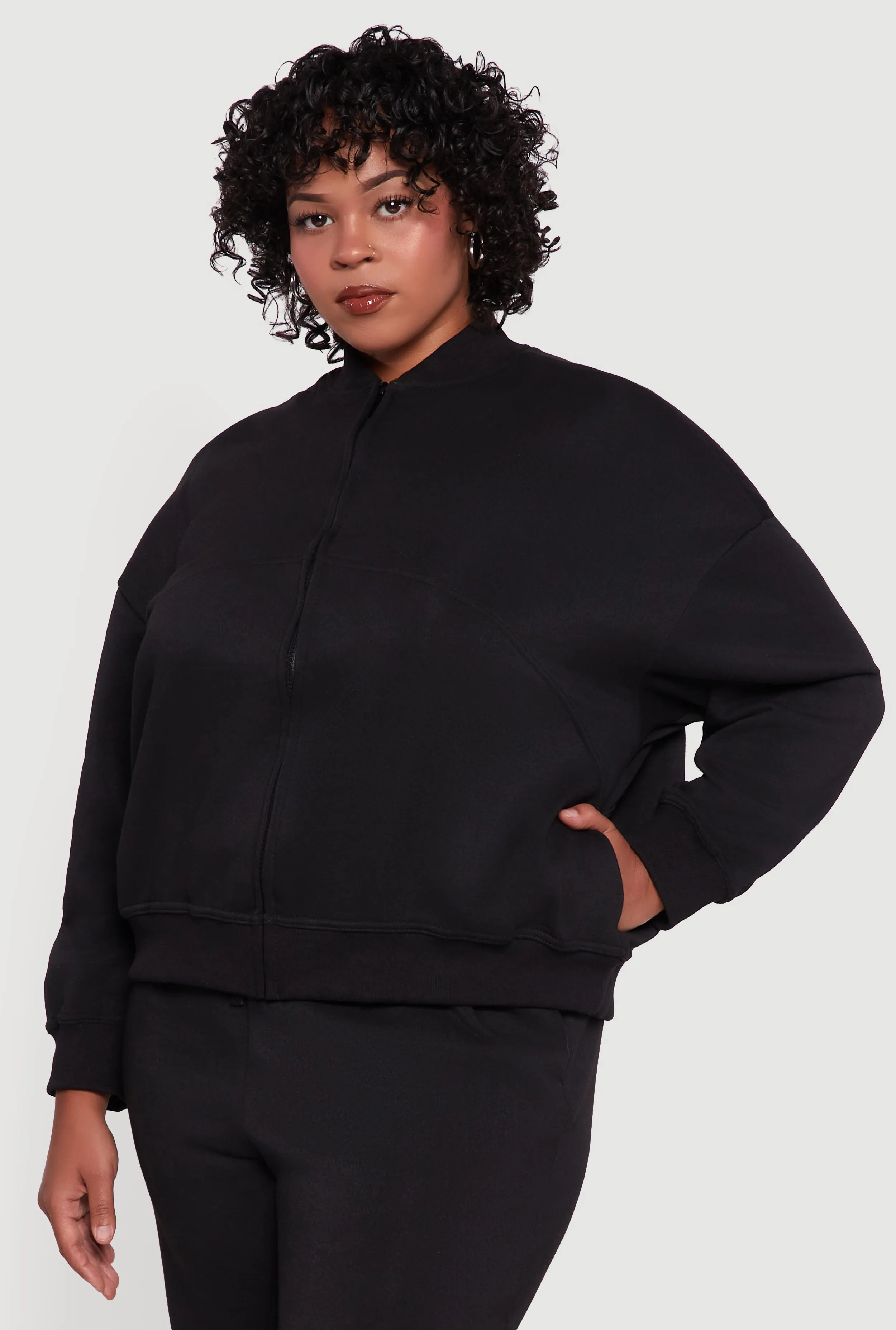Plus Size Solid Fleece Zip Front Long Sleeve Sweatshirt sold by Rainbow