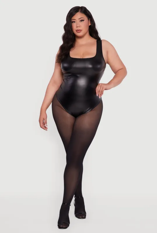Plus Size Faux Leather Sleeveless Square Neck Bodysuit sold by Rainbow
