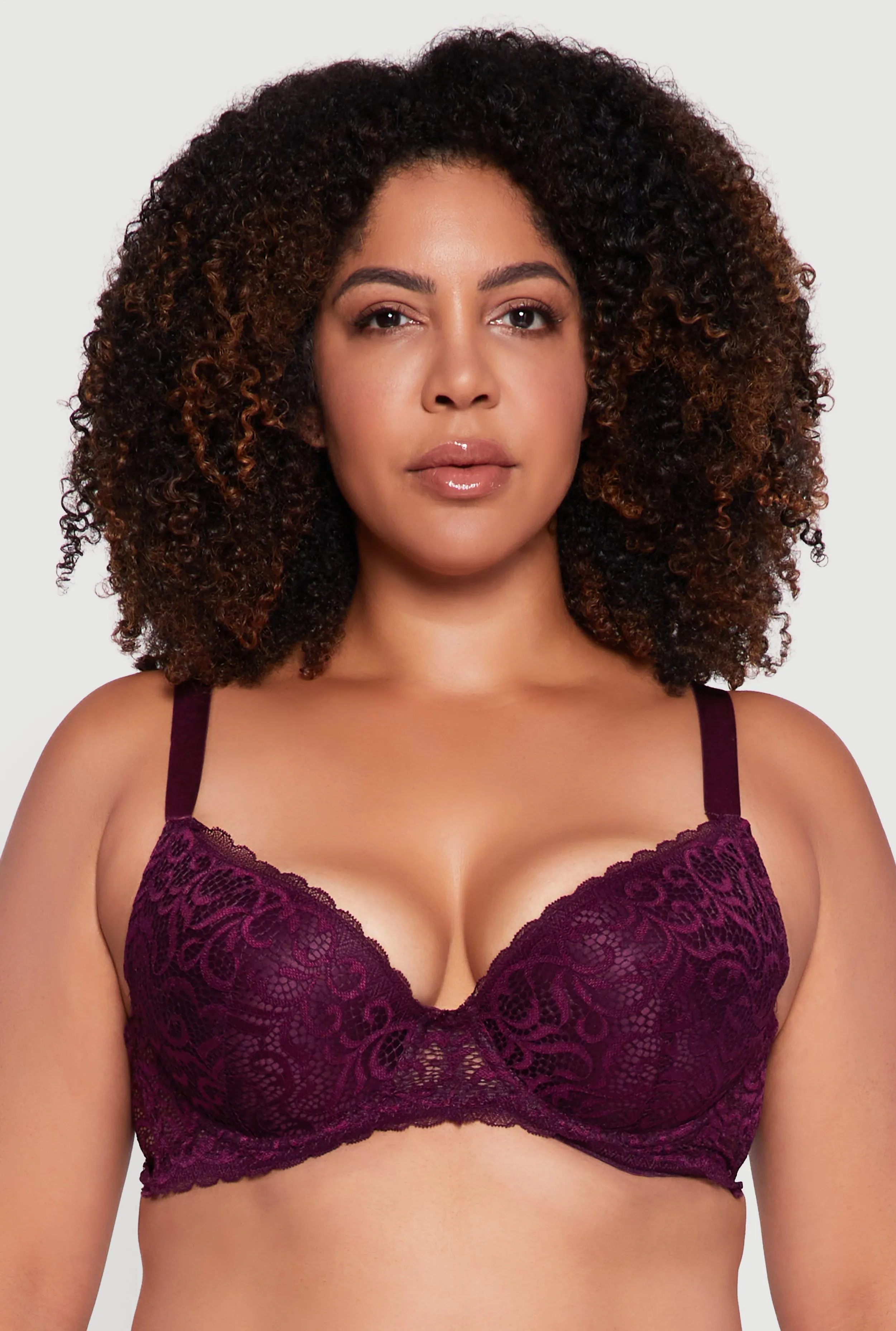 Plus Size Swirl Lace Scalloped Trim Plunge Bra sold by Rainbow