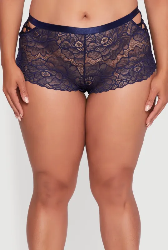 Plus Size Floral Lace Caged Side Boyshort Panty sold by Rainbow