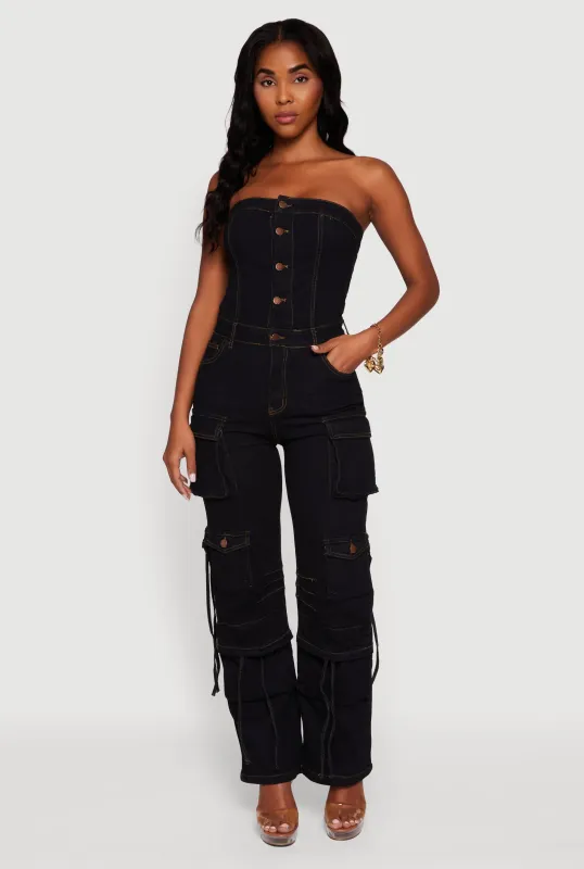 Denim Button Front Utility Jumpsuit sold by Rainbow