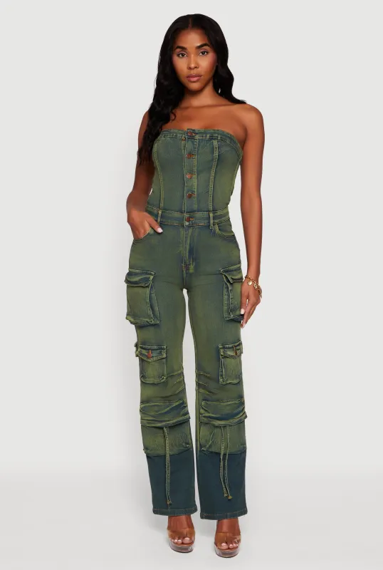 Denim Button Front Utility Jumpsuit sold by Rainbow