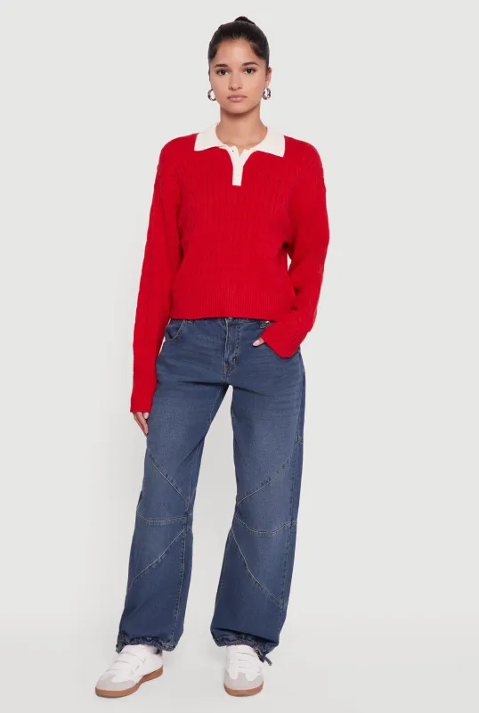 Cable Knit Polo Sweater with Contrast Trim sold by Rainbow