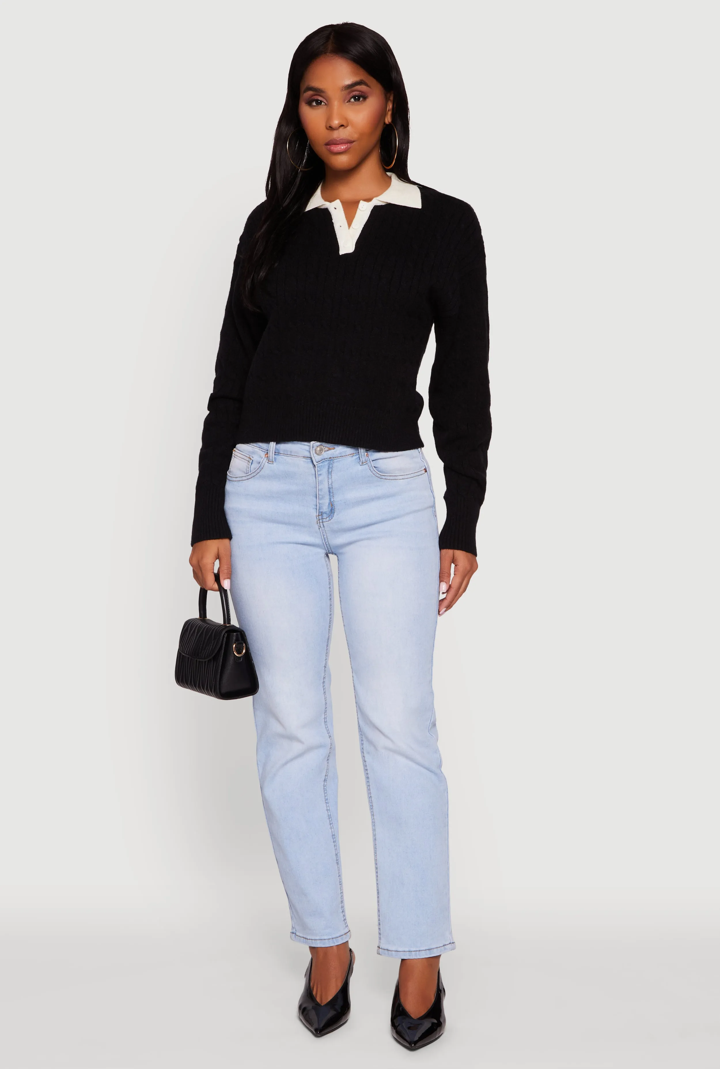 Cable Knit Polo Sweater with Contrast Trim sold by Rainbow product image thumbnail 2