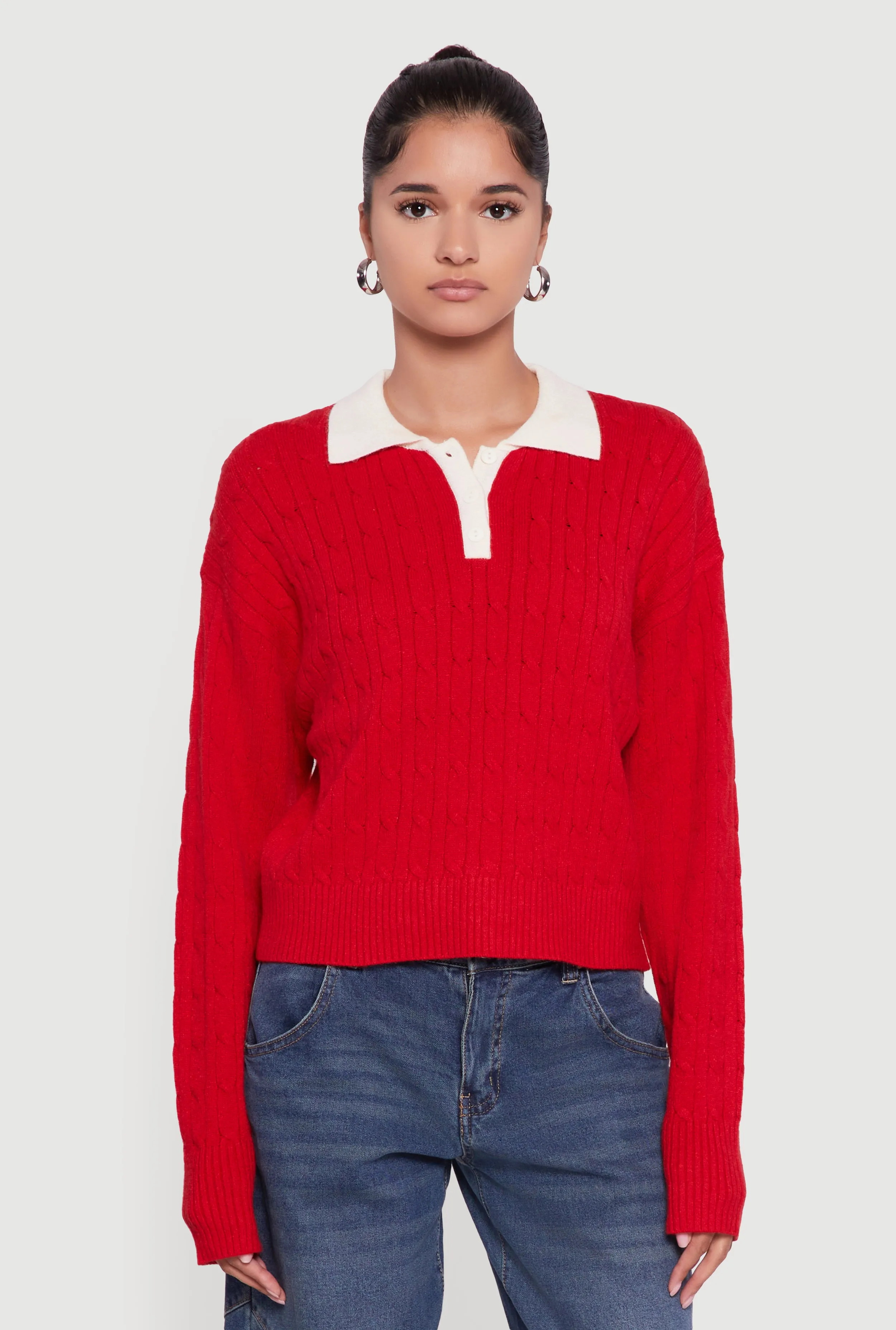 Cable Knit Polo Sweater with Contrast Trim sold by Rainbow product image thumbnail 2
