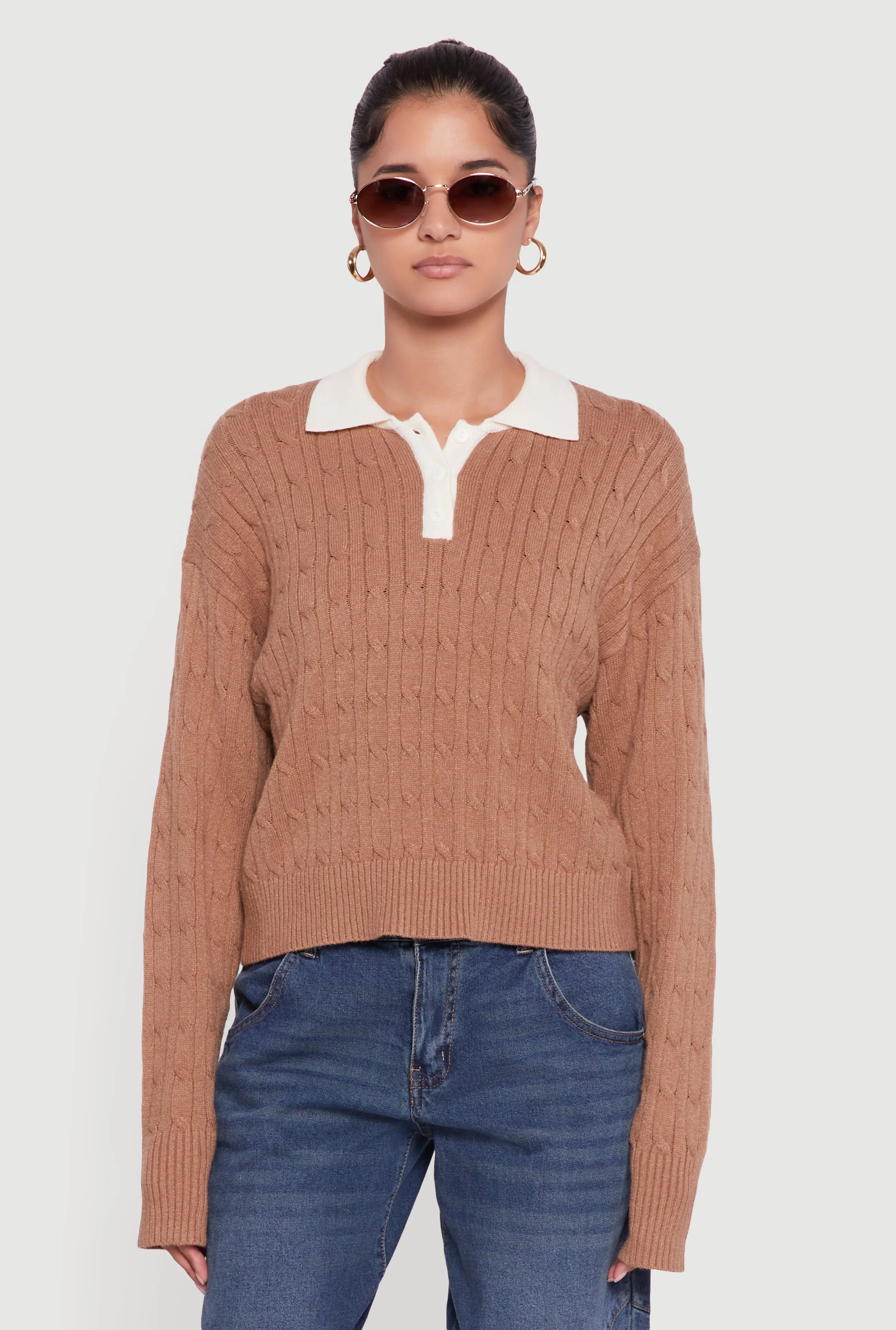 Cable Knit Polo Sweater with Contrast Trim sold by Rainbow product image thumbnail 2