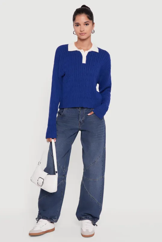 Cable Knit Polo Sweater with Contrast Trim sold by Rainbow