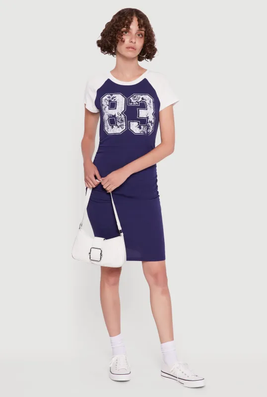 83 Graphic Raglan Sleeve Ruched Side T-Shirt Dress sold by Rainbow