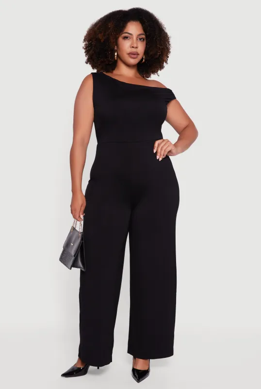 Plus Size Sleeveless One Shoulder Wide Leg Jumpsuit sold by Rainbow