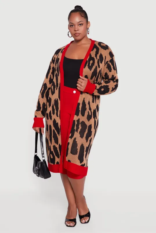 Plus Size Leopard Print Open Front Long Cardigan sold by Rainbow