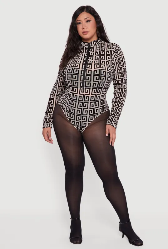 Plus Size Greek Key Velvet Burnout Half Zip Bodysuit sold by Rainbow