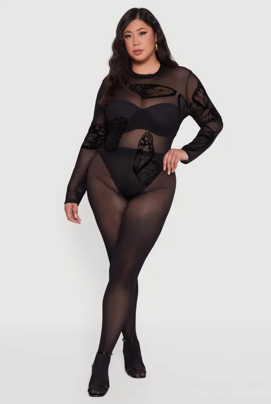 Plus Size Butterfly Print Velvet Burnout Bodysuit sold by Rainbow