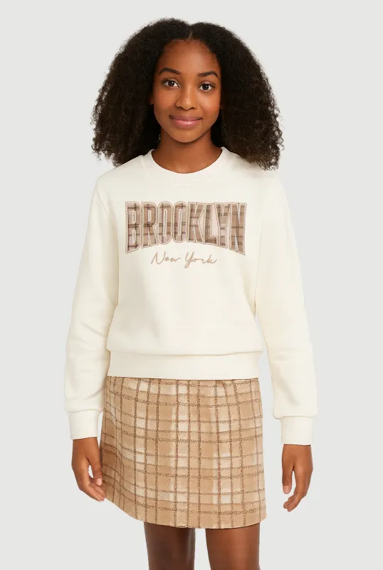 Girls Brooklyn Graphic Sweatshirt and Plaid Skirt Set sold by Rainbow