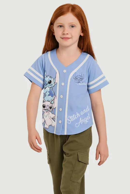 Little Girls Stitch and Angel Graphic Varsity Stripe Jersey Mesh Tee sold by Rainbow
