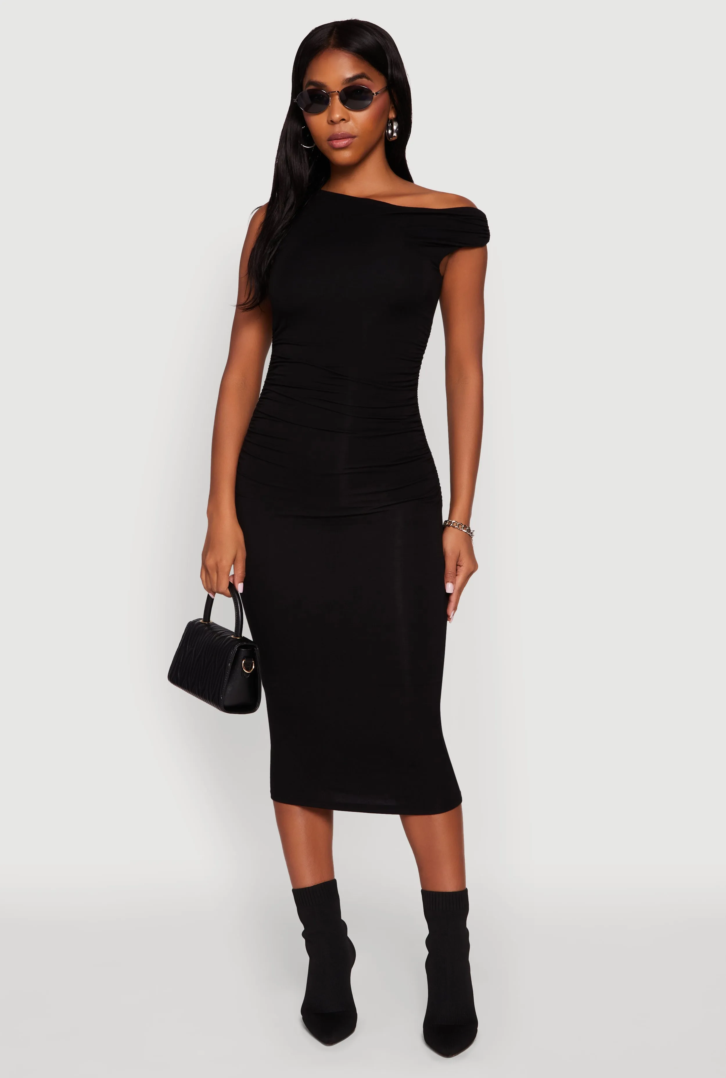 Asymmetrical One Shoulder Ruched Midi Dress sold by Rainbow