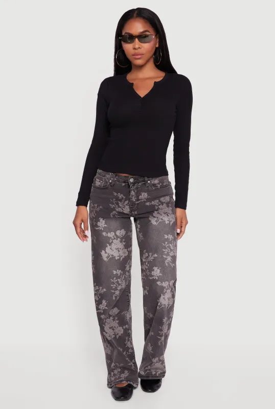 Cropped Long Sleeve Notch Neck Henley Top sold by Rainbow