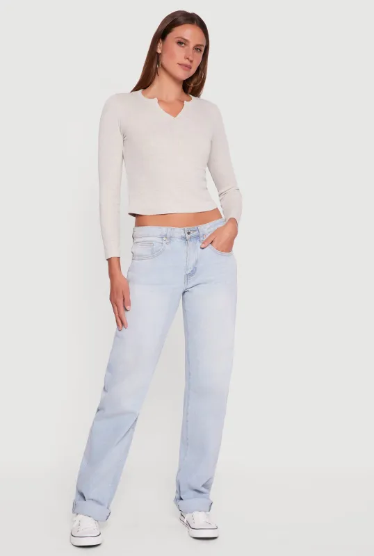 Cropped Long Sleeve Notch Neck Henley Top sold by Rainbow