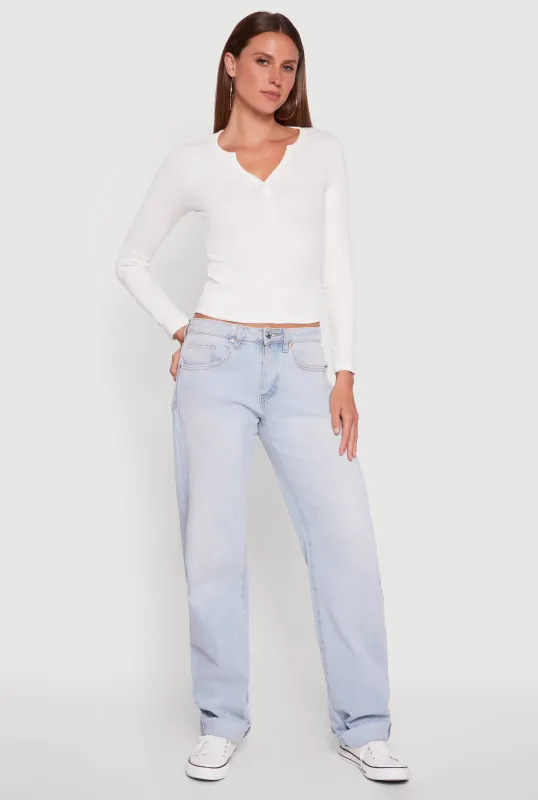 Cropped Long Sleeve Notch Neck Henley Top sold by Rainbow