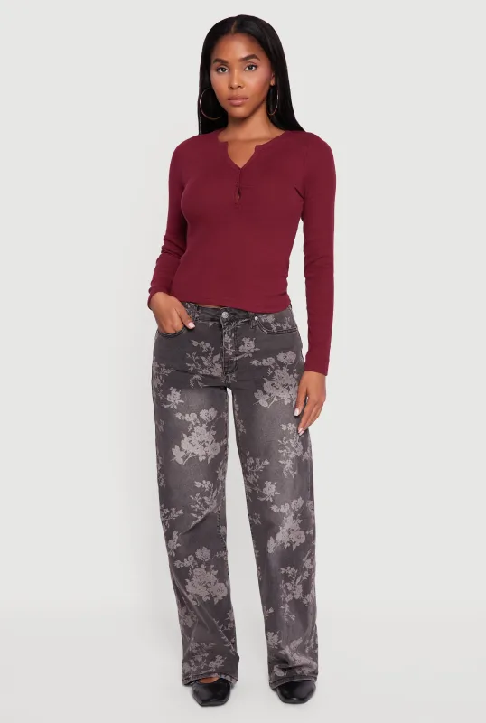 Cropped Long Sleeve Notch Neck Henley Top sold by Rainbow