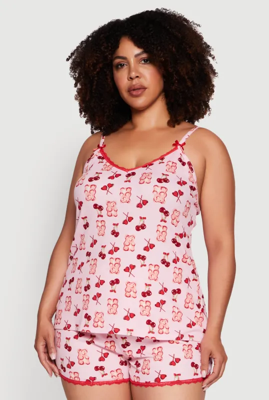 Plus Size Cherry Teddy Print Pajama Cami and Shorts sold by Rainbow