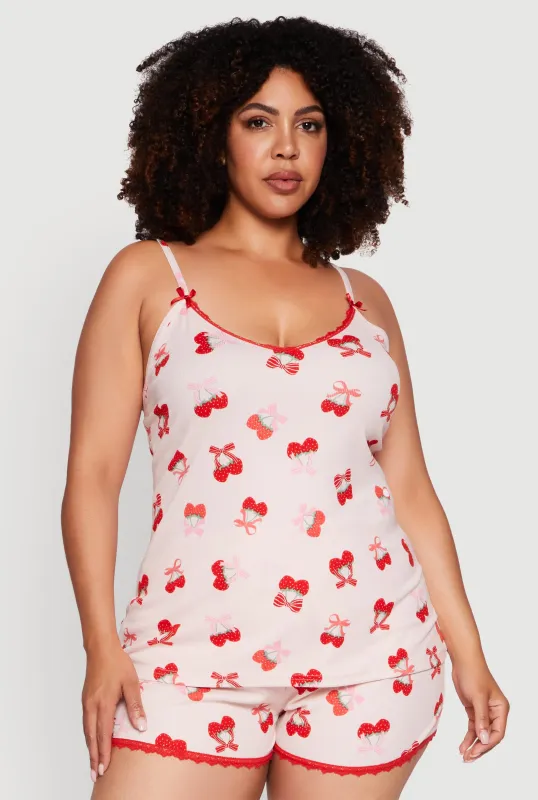 Plus Size Strawberry Cherry Pajama Cami and Shorts Set sold by Rainbow