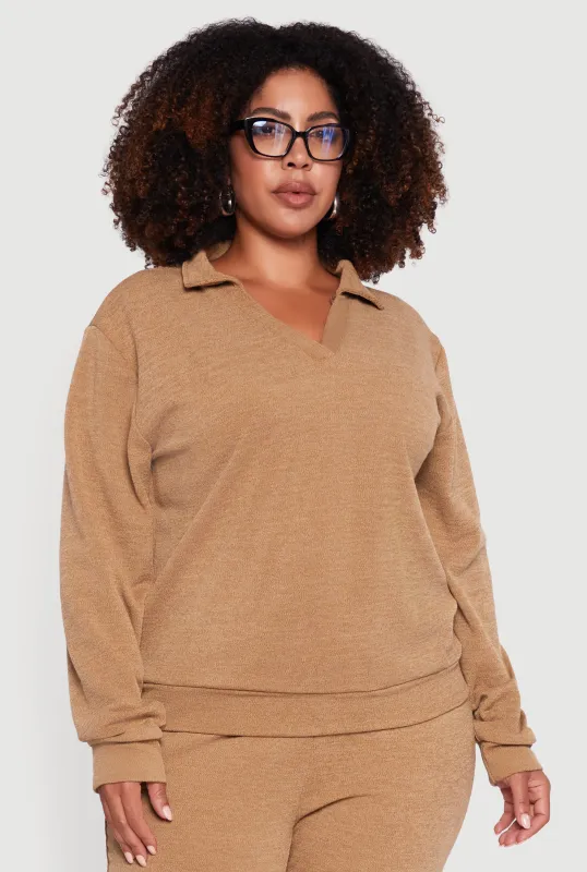 Plus Size Collared V-Neck Pullover Sweater sold by Rainbow