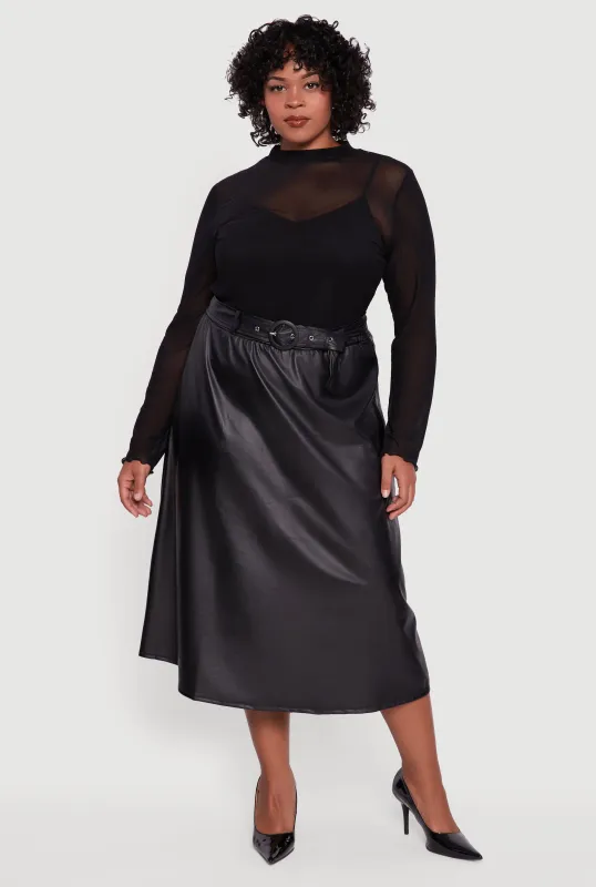 Plus Size High Waisted Faux Leather Circle Skirt with Belt sold by Rainbow