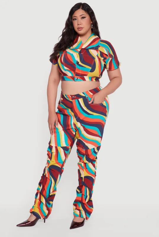 Plus Size High Waisted Psychedelic Swirl Stacked Pants made by Rainbow
