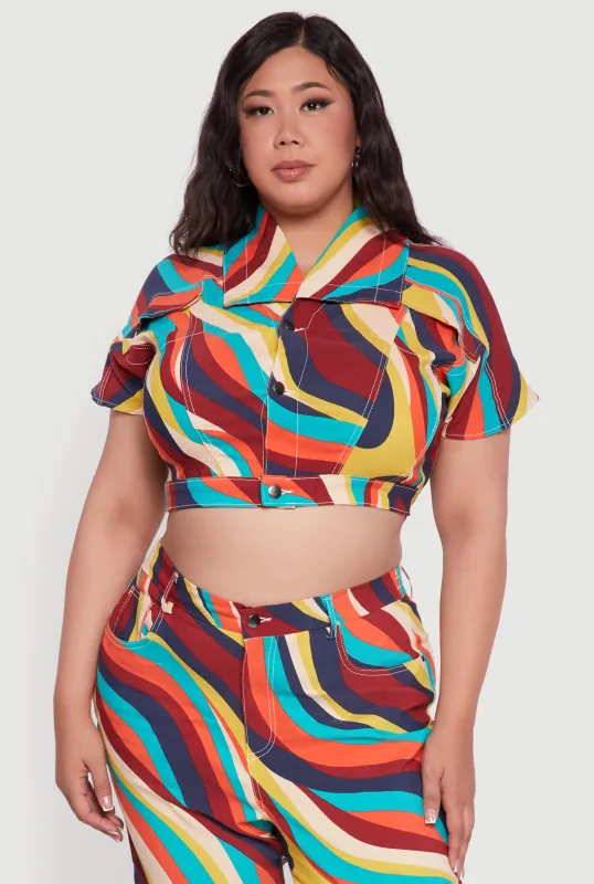 Plus Size Psychedelic Swirl Short Sleeve Cropped Jacket sold by Rainbow