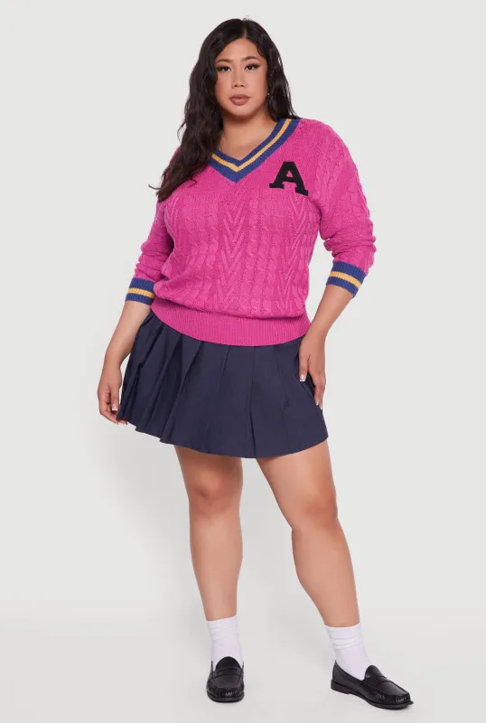 Plus Size Cable Knit Varsity Stripe Sweater sold by Rainbow