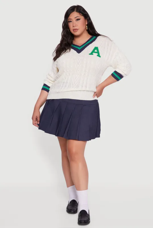 Plus Size Cable Knit Varsity Stripe Sweater sold by Rainbow