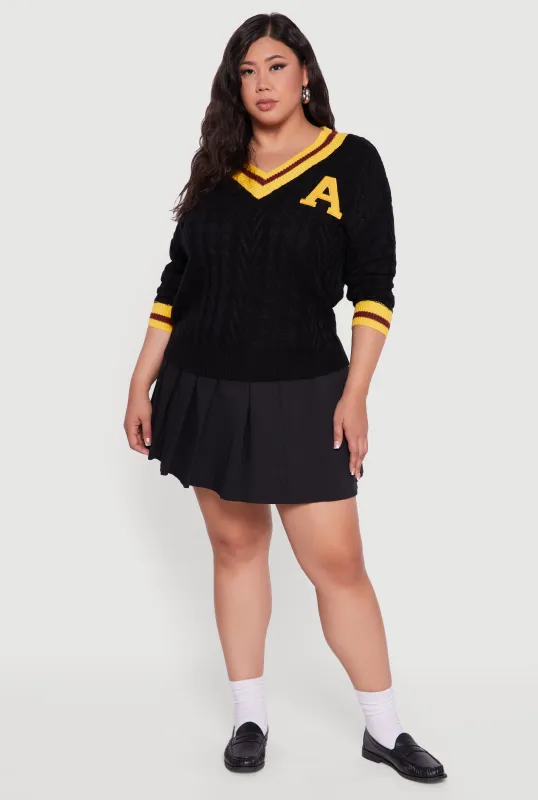Plus Size Cable Knit Varsity Stripe Sweater sold by Rainbow