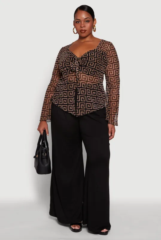 Plus Size Printed Mesh Long Sleeve Sweetheart Tie Front Top sold by Rainbow